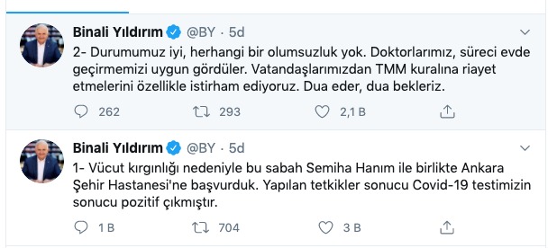 Binali Yıldırım koronavirüse yakalandığını duyurdu
